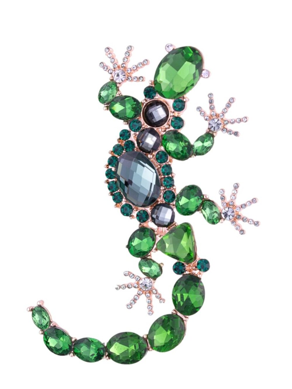 Green Rhinestone Gecko Lizard Brooch Pin Gold Tone Statement Jewelry